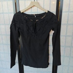 Free People Black Embroidered Eyelet Cutout Split Neck Ribbed Long Sleeve Top